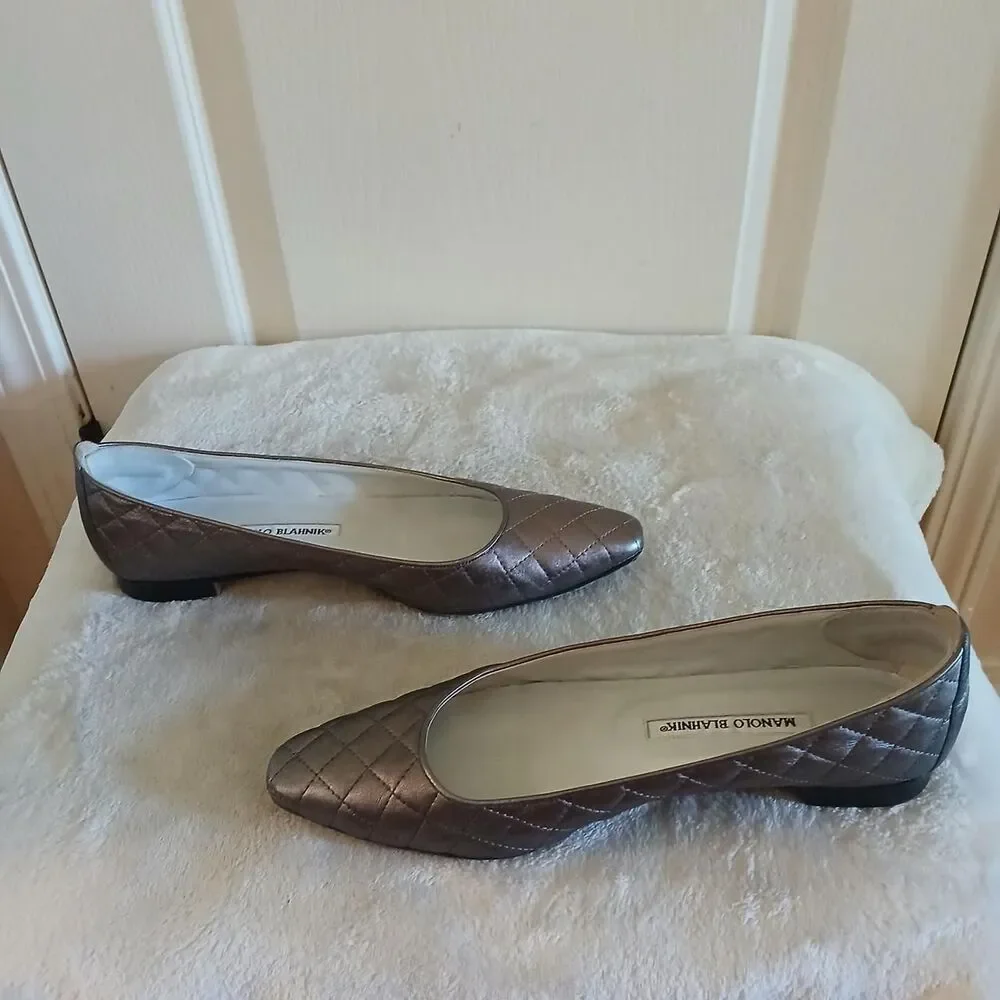 Manolo Blahnik Giungla Silver Quilted Leather Square Toe Ballet Flats 39 Luxury - Picture 5 of 8